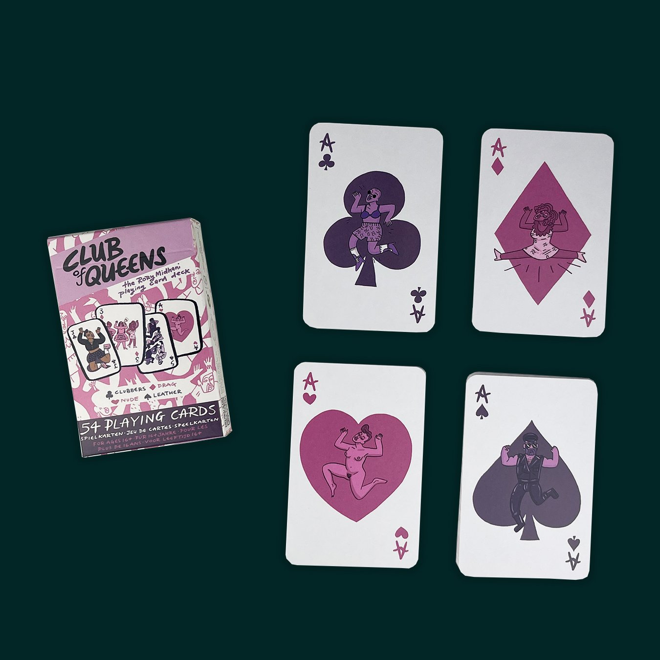 Set of playing cards with queer and trans character illustrations on a dark green background