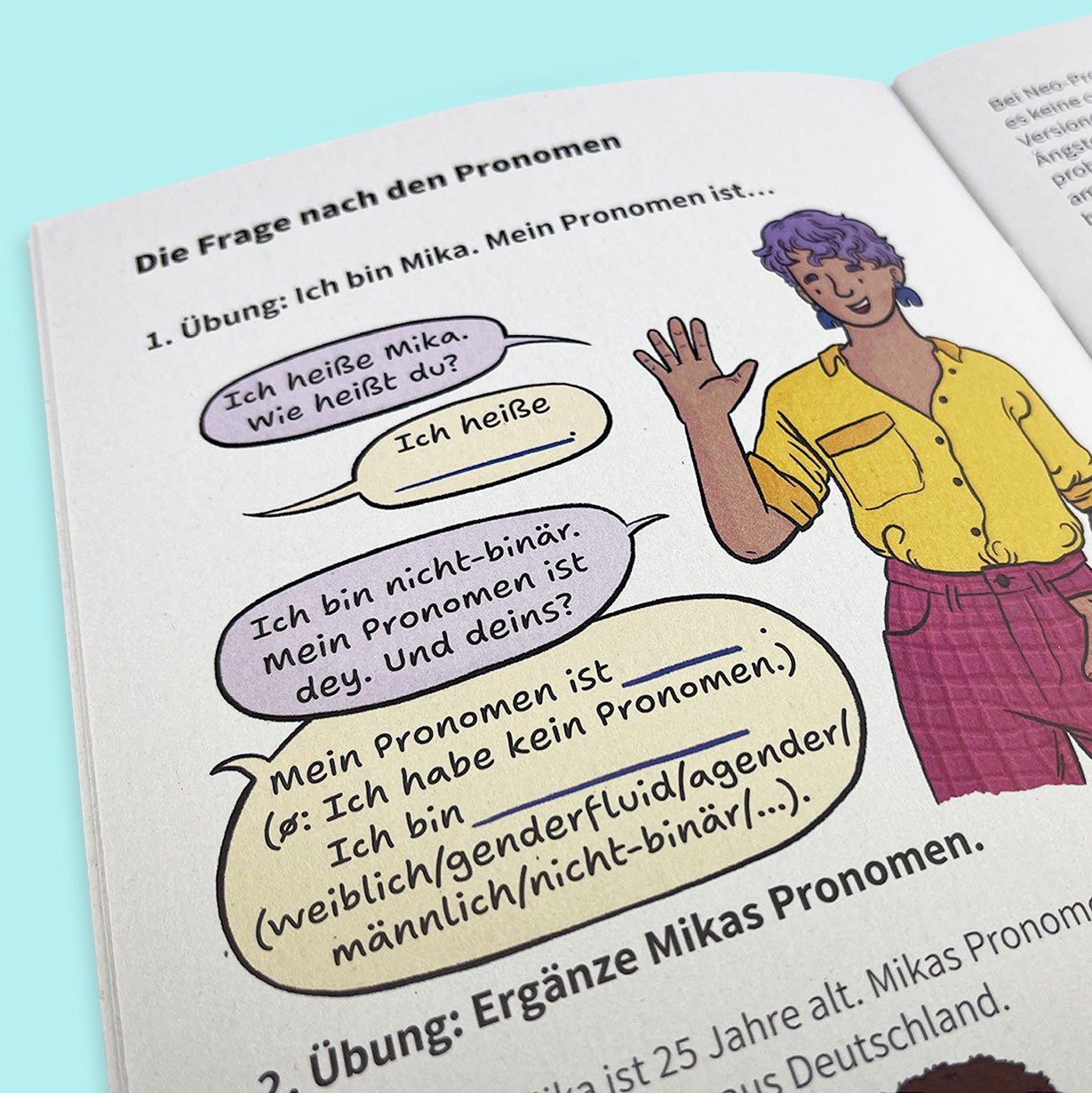 An open page of the workbook "Einfach Gendern!" from Polar Embassy, against a light blue background. There is a character waving their hand, and speech bubbles saying "Ich heiße Mika. Wie heißt du? Ich bin nicht-binär. Mein Pronomen ist dey. Und deins?"