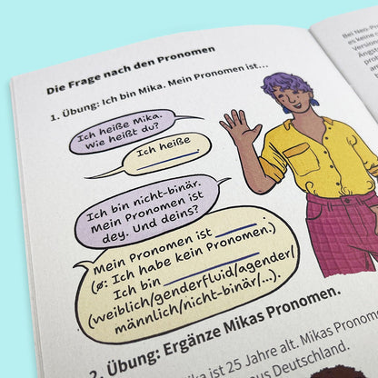 An open page of the workbook "Einfach Gendern!" from Polar Embassy, against a light blue background. There is a character waving their hand, and speech bubbles saying "Ich heiße Mika. Wie heißt du? Ich bin nicht-binär. Mein Pronomen ist dey. Und deins?"