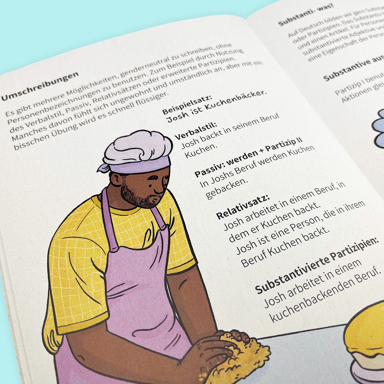An open page from the workbook "Einfach Gendern!" from Polar Embassy. The page shows a character baking, with the example sentence "Josh ist Kuchenbäcker" with several examples of Umschreibungen: "Josh backt in seinem Beruf Kuchen." and "In Joshs Beruf werden Kuchen gebacken."