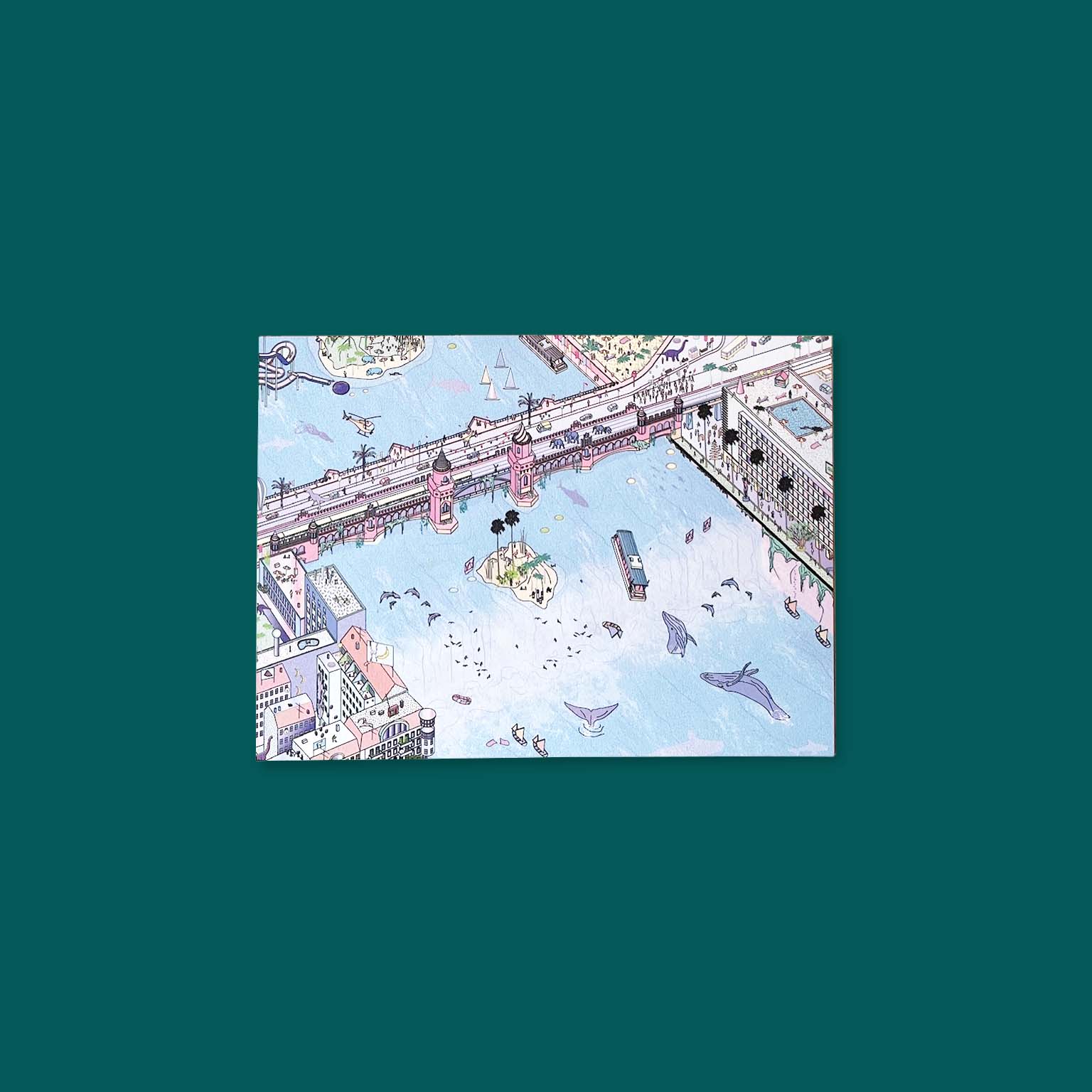 A postcard showing a bright scene at Oberbaumbrücke, Berlin Kreuzberg, against a deep green background.