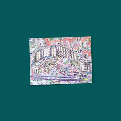 A postcard showing a bright scene at Kottbusser Tor, Berlin Kreuzberg, against a deep green background.