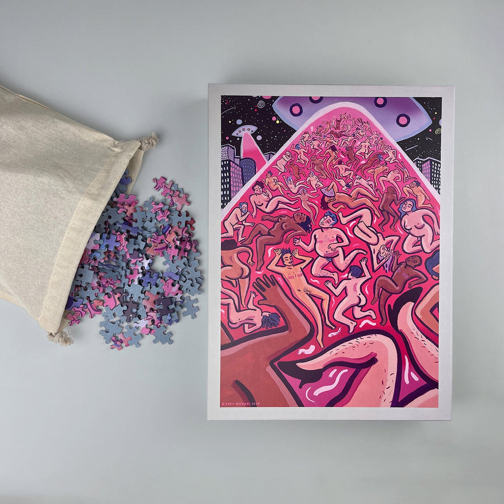 Queer jigsaw puzzle 1000 pieces of trans people beamed into UFO, pieces spilling from cotton bag beside box.