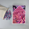Queer jigsaw puzzle 1000 pieces of trans people beamed into UFO, pieces spilling from cotton bag beside box.