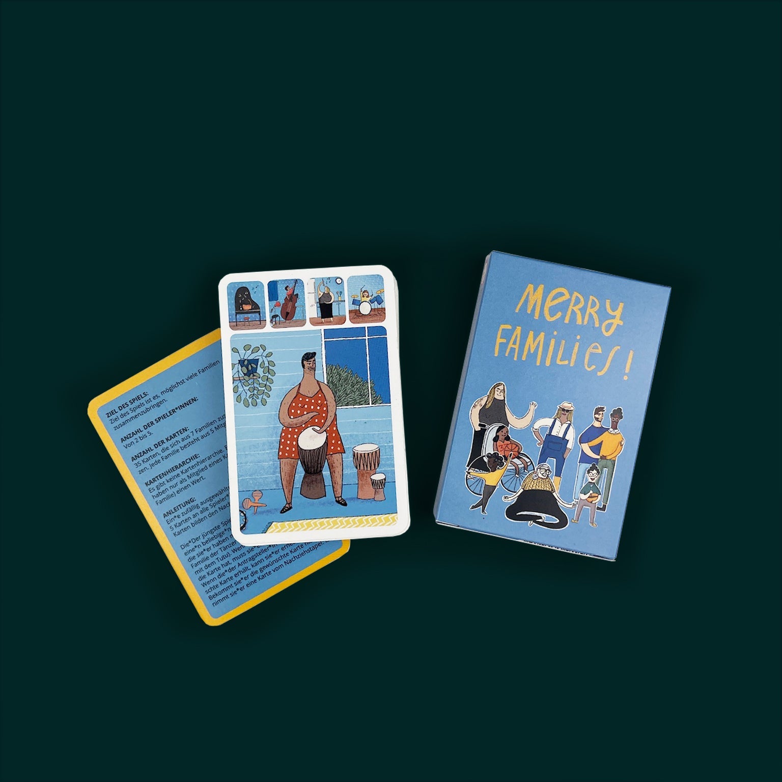 Blue deck of Merry Families inclusive kids card game, top card shows person in dress playing drums.