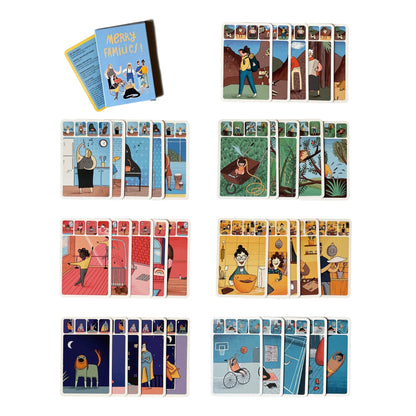 The contents of Merry Families kids card game from Polar Embassy, against a white background. There are seven sets of brightly colored cards, each with a unique family constellation (single dad, grandparents, two moms, two dads, etc.). There is also a bright blue box and instruction card in the top left.