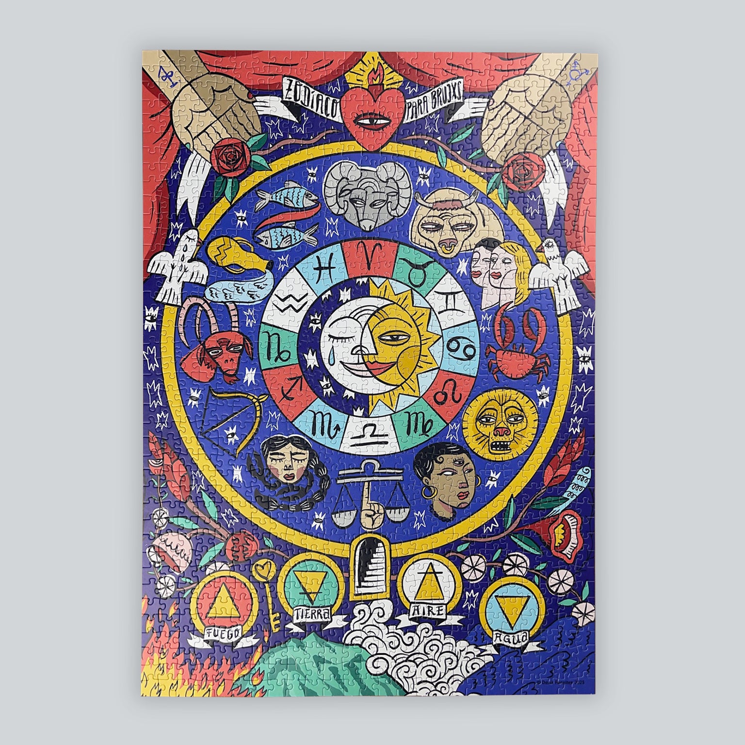 Completed Zodíaco para Brujxs 1000-piece astrology jigsaw puzzle by Denis Faneites, with zodiac and celestial art.