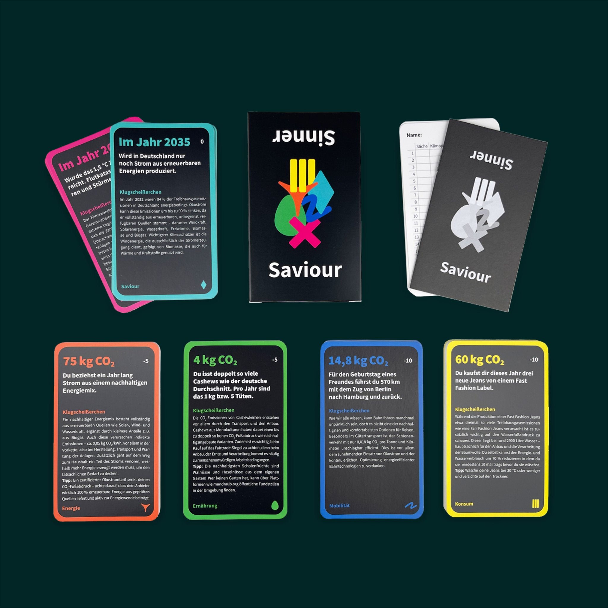 CO2-Fußabdruck Spiel Sinner or Saviour von oben: Karten in 6 Kategorien, Box, Scorecards und Anleitung auf grünem Hintergrund