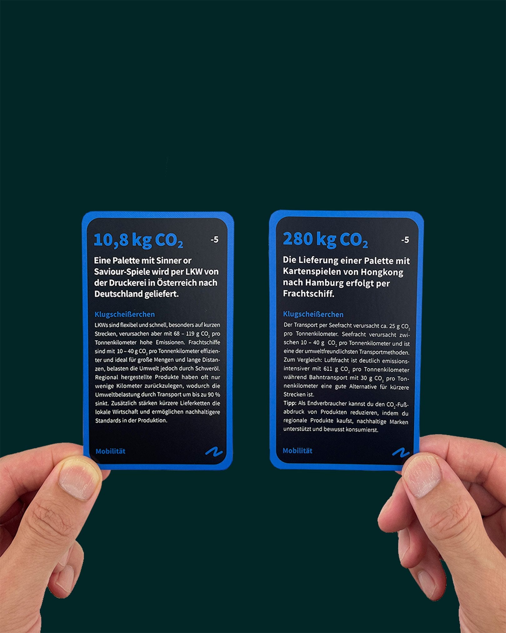 Two ‘Sinner or Saviour’ cards comparing 10.8 kg vs. 280 kg CO₂ for pallet delivery from Austria vs. by ship from Hong Kong.