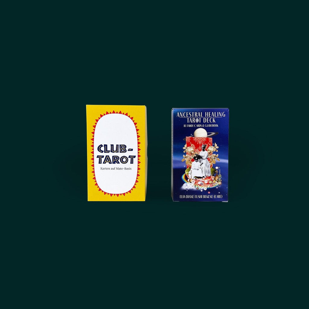 Club Tarot Deck and Ancestral Healing Tarot Deck on dark green background – queer tarot cards with guidebooks