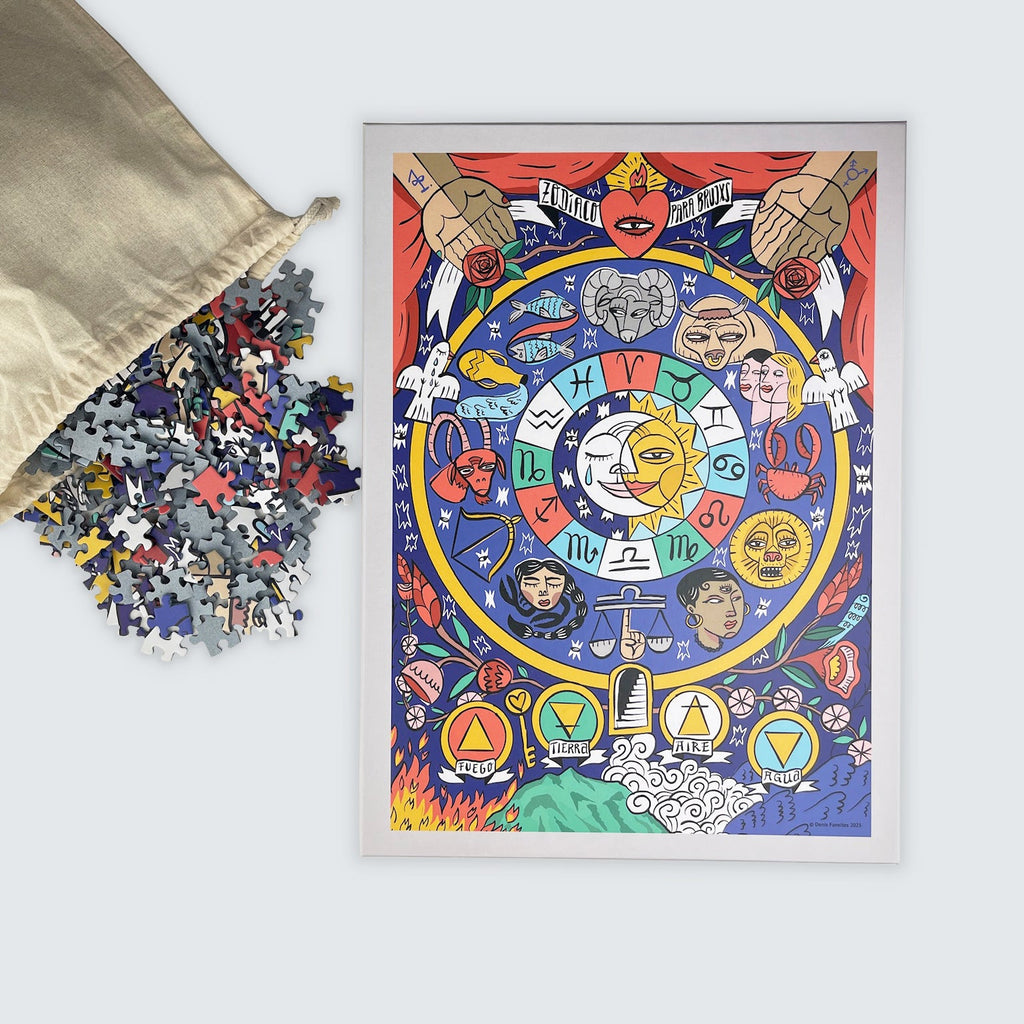 Astrology zodiac jigsaw puzzle box with pieces spilling from fabric bag on gray background.
