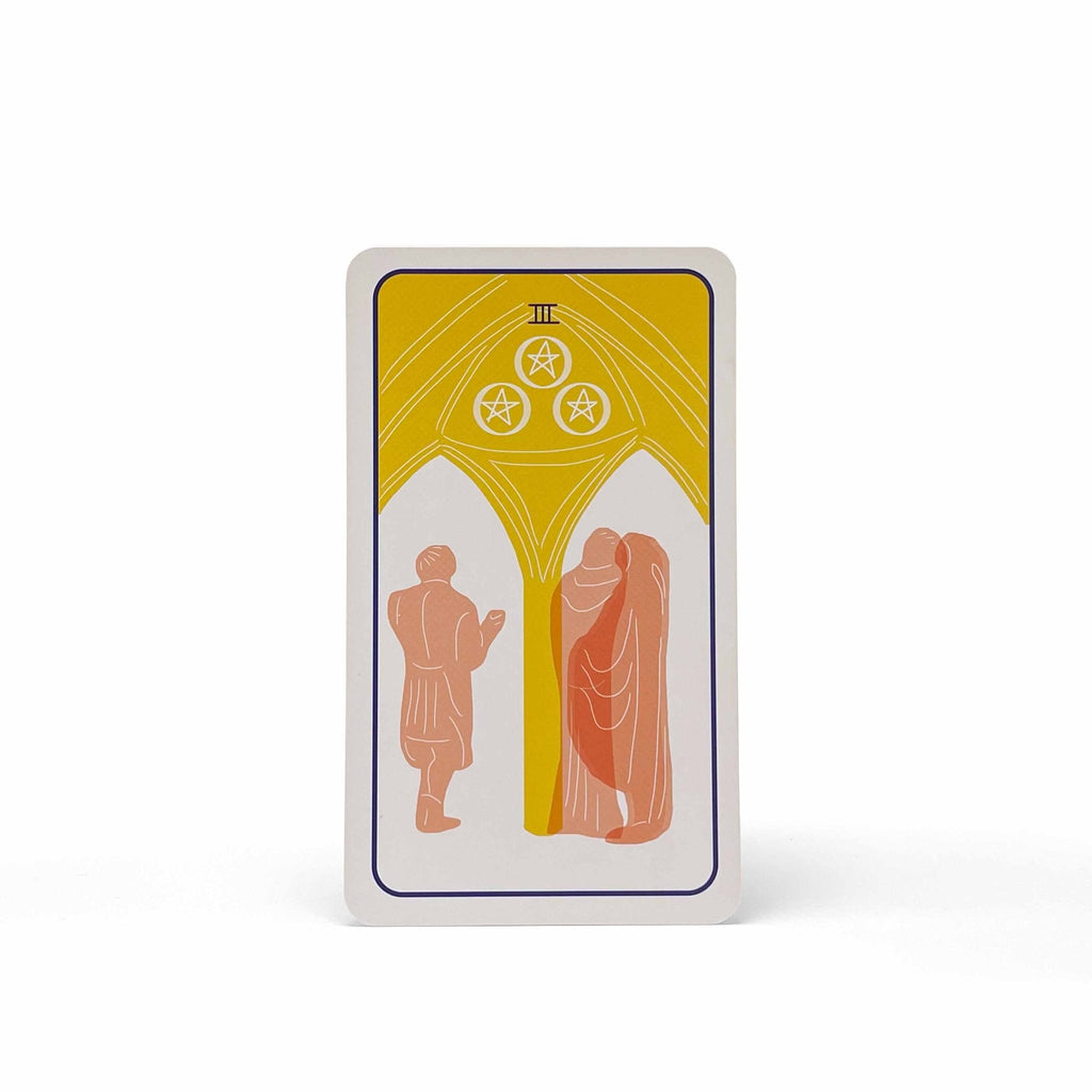Three of Pentacles from the Club Tarot deck – a beginner tarot card showing teamwork and collaboration in a shared mission.
