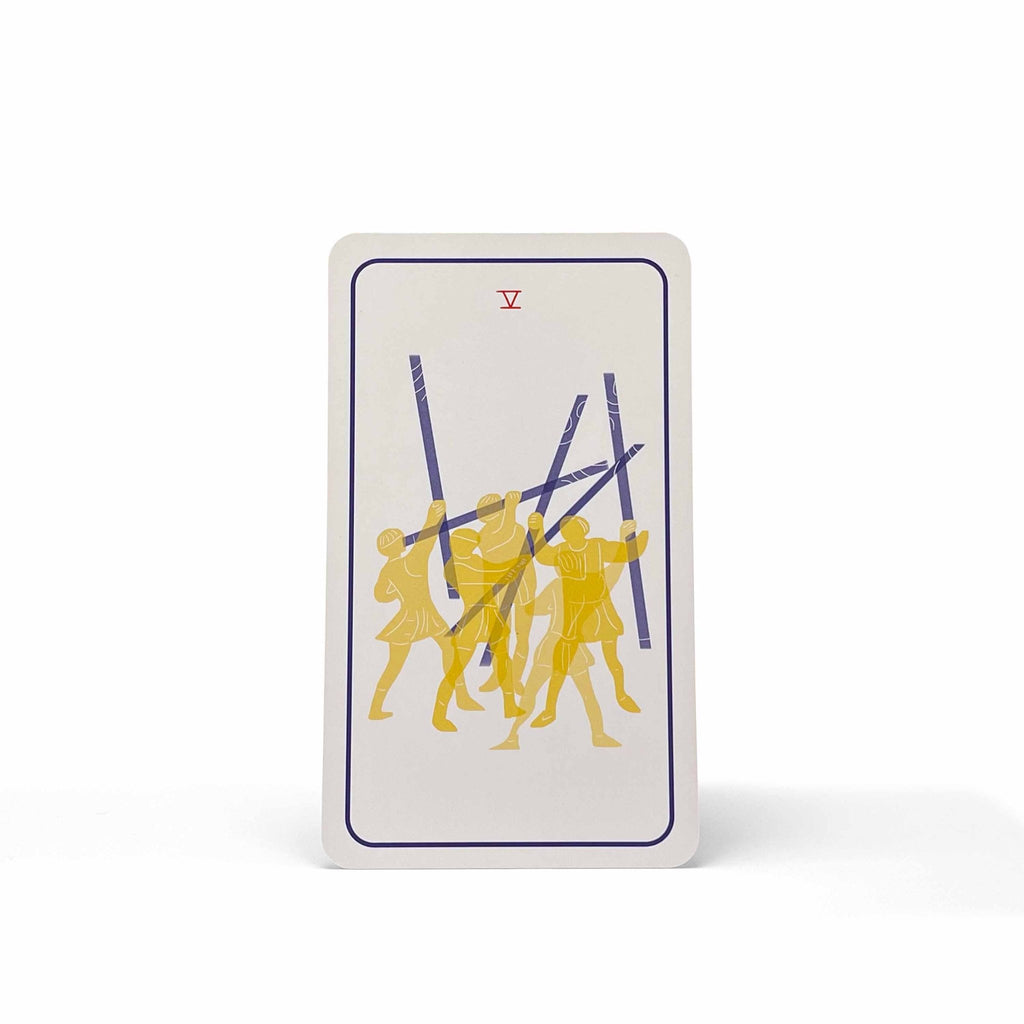 Five of Wands from the Club Tarot deck – a modern tarot card of conflict and tension, full of chaotic competitive energy.