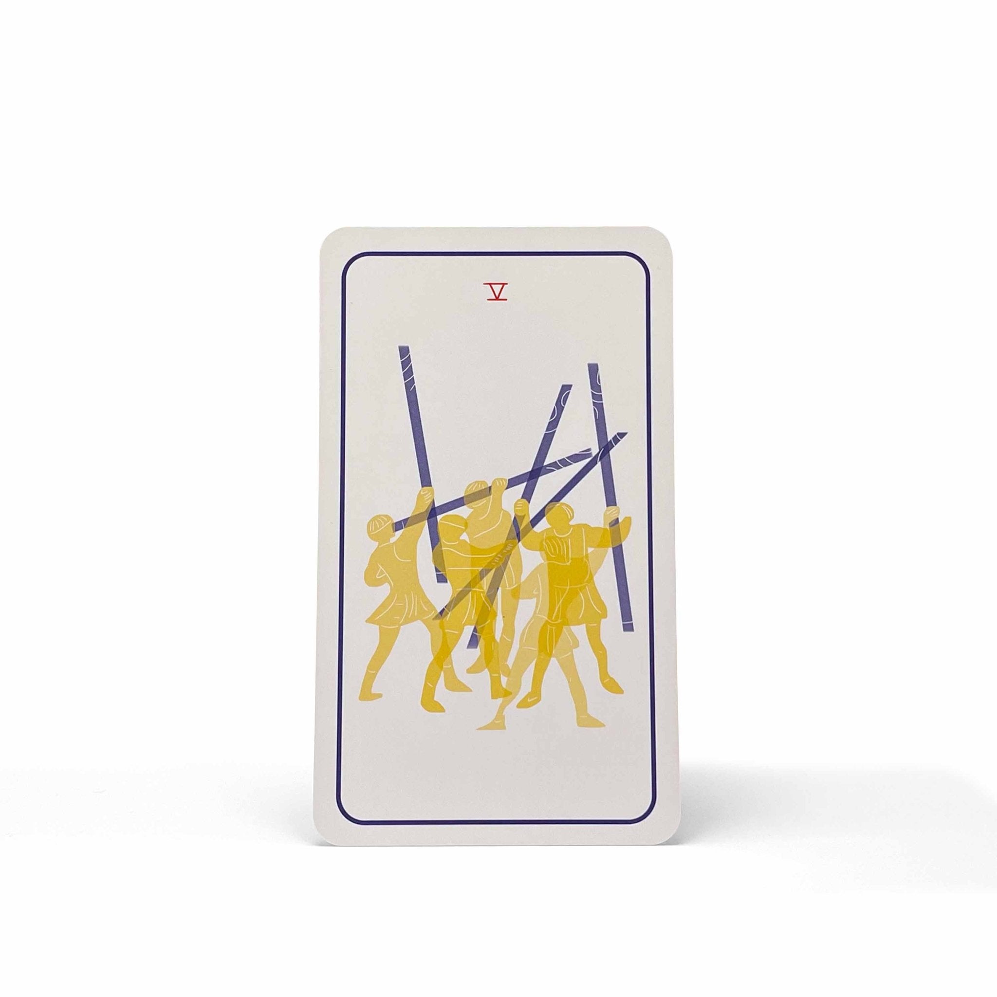 Five of Wands from the Club Tarot deck – a modern tarot card of conflict and tension, full of chaotic competitive energy.