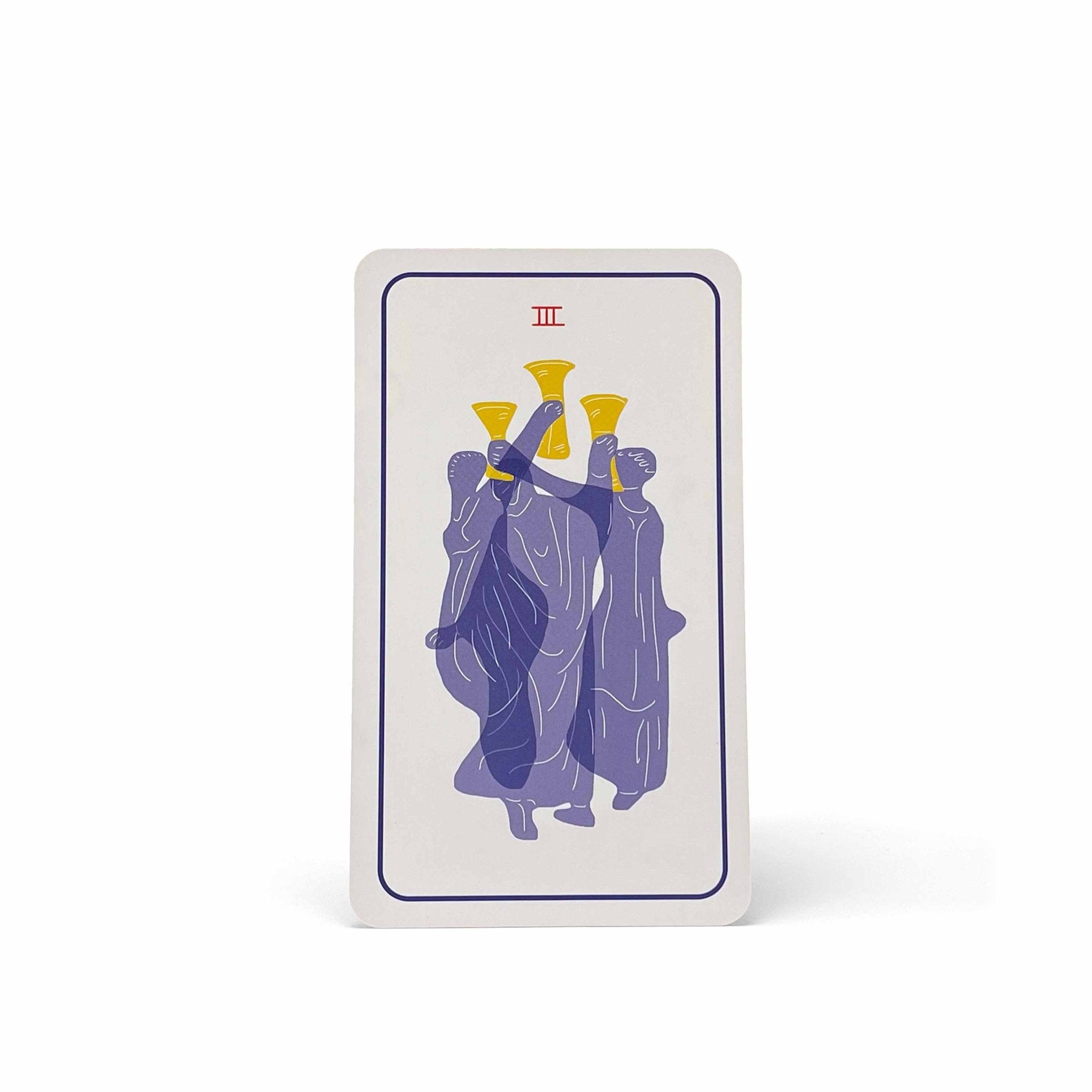 Three of Cups from the Club Tarot deck – a joyful tarot card celebrating friendship, success, and queer community.